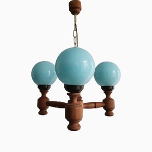 Lampadario a tre luci rustico in legno opalino blu, Portogallo, anni '60