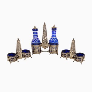 19th Century Oil and Vinegar Cruet Holder and Double Salt Shakers in Minerva Silver, Set of 9