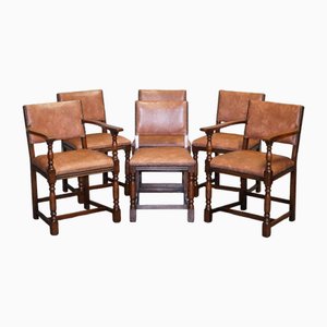 Traditional Country House Brown Leather Oak Dining Chairs, 1970s, Set of 6