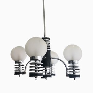 Large Mid-Century Modern 4-Light Chrome White Frosted Glass Chandelier, 1960s