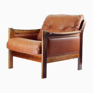 Mid-Century Armchair in Cognac Leather and Rosewood, 1970s