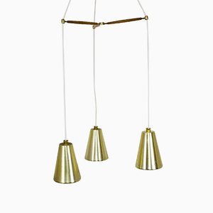 Vintage Brass, Teak and Glass Three-Armed Ceiling Light from Lightolier