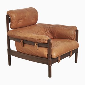 Cognac Leather Armchair in the style of Brazilian, 1970s