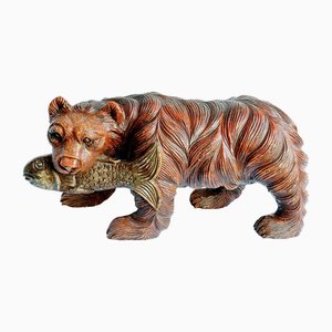 Large Black Forest Bear with Fish, 1970s, Solid Wood