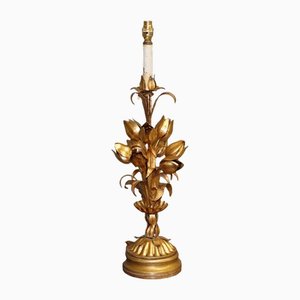 Lampada da tavolo Hollywood Regency color oro con tulipani e fiori di loto, Italia, fine XIX secolo