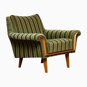German Green Striped Velvet Armchair, 1950s
