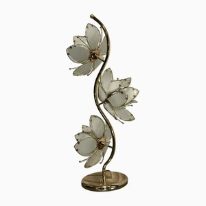 Italian Table Lamp Lotus Flower in Gold Metal Crystal, 1970s
