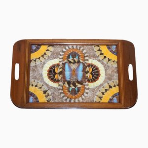 Brasilianisches Vintage Holz Tablett mit Echt Morpho Schmetterlingsflügeln