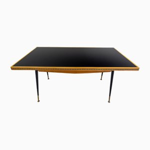 Mid-Century Italian Table in Teak with Metal Legs and Black Laminated Glass, 1950