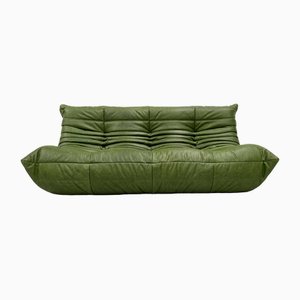 Vintage French Forest Green Leather Togo Sofa by Michel Ducaroy for Ligne Roset, 1970s