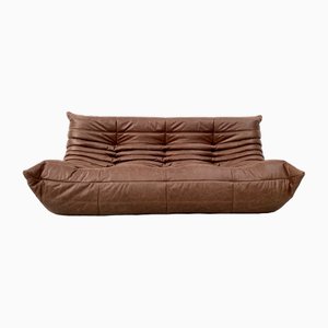 Vintage French Togo Sofa in Brown Pull Up Leather by Michel Ducaroy for Ligne Roset, 1970s