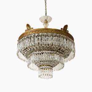 Mid-Century 6-Light Suspension Chandelier with Bohemian Crystal Drops, 1940s
