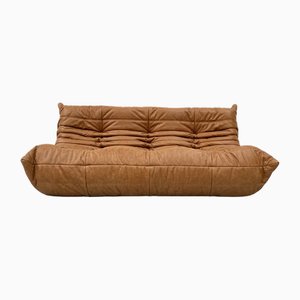 Vintage French Cognac Brown Leather Togo Sofa by Michel Ducaroy for Ligne Roset, 1970s