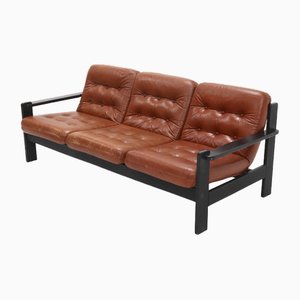 Brutalistisches 3-Sitzer Sofa aus Leder & ebonisiertem Holz, 1970er