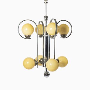 Large Art Deco Chandelier in Chrome Plated Steel and Yellow Glass, 1930s