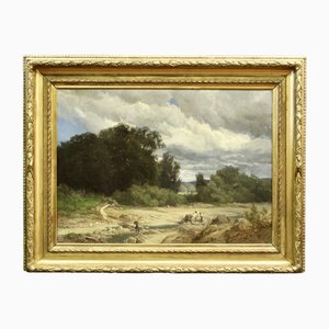 Animated Landscape by River, 1800s, Oil on Canvas, Framed