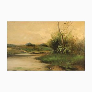 Französischer Künstler, Impressionistische Flusslandschaft, 19. Jh., Öl auf Holz, gerahmt