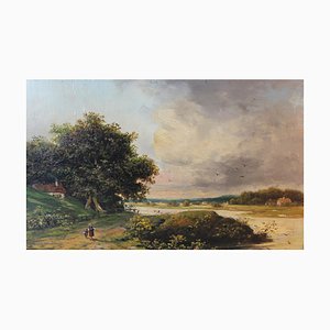 River Landscape, 19th Century, Oil on Wood, Framed
