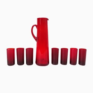 Water Jug with 7 Glasses in Red by Monica Bratt, Sweden, 1950s, Set of 8