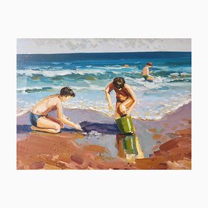 J. Ruiz, Bambini che giocano in spiaggia, anni '60, Olio su tela