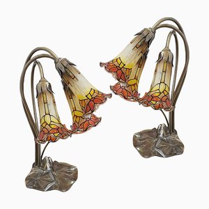Vintage English Metallic Lamps with Colored Glass, Set of 2