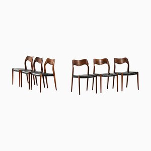 Dining Chairs in Rosewood and Black Leather attributed to Niels O. Møller, 1951, Set of 6