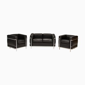 Lc2 Grand Comfort 2-Seater Sofa and Armchairs in Leather attributed to Le Corbusier, 1980s, Set of 3