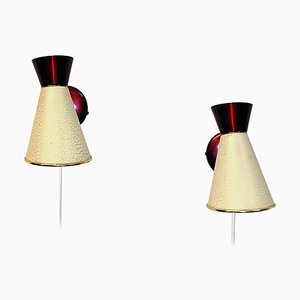 Vintage Swedish Beige and Red Metal Cone Wall Sconces, 1950s, Set of 2