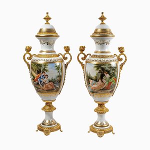 Large Porcelain and Gilt Bronze Vases, Set of 2