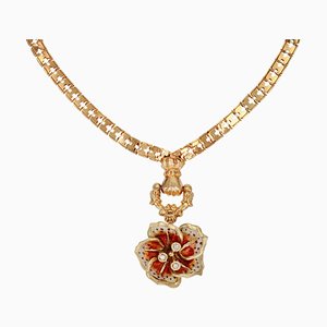 French 18 Karat Yellow Gold Necklace with Enamelled Diamond Flower, 1890s