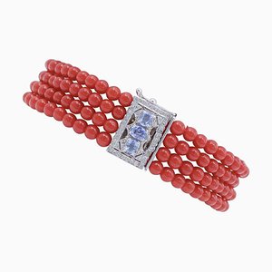 Bracelet en Or Blanc 14 Carat avec Corail, Diamants et Saphirs