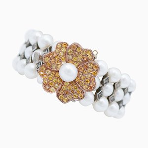 Bracciale in oro rosa e argento con perle, zaffiri gialli e diamanti