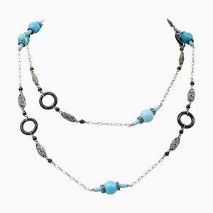 Rose Gold and Silver Necklace with Turquoise, Onyx and Diamonds, 1950s