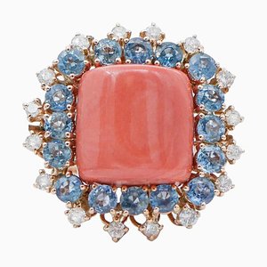 Coral, Sapphires, Diamonds, 14 Karat Rose Gold Retrò Ring, 1950s