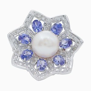 Anello in platino e oro bianco a 14 carati con tanzanite, diamanti e perla, anni '70