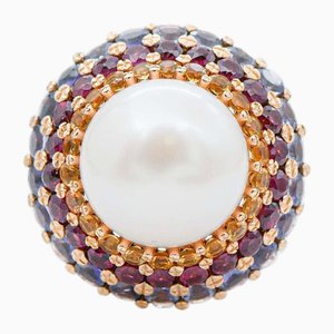 Anello in oro rosa 14 carati con perla dei Mari del Sud, topazi, tormalina, iolite e diamanti