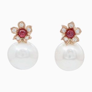 Ohrringe aus Roségold mit Rubinen, Diamanten und Perlen, 2 . Set