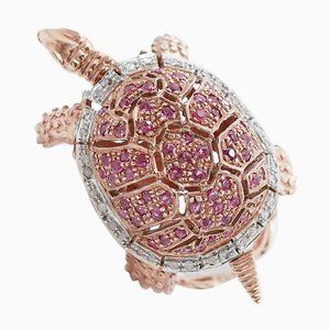 Ring Schildkröte aus Roségold und Silber mit Rubinen und Diamanten