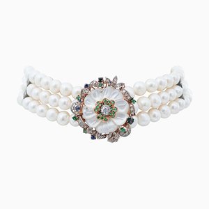 Collar de perlas, esmeraldas, zafiros, iolita, piedras y diamantes, años 60