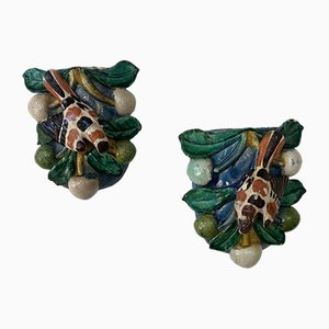 Antique French Sculptural Majolica Wall Pockets, Set of 2