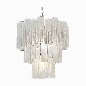 Lámpara de araña vintage grande de cristal de Murano con 78 vasos en blanco de alabastro, años 90