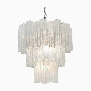 Big Three-Tier Murano Glass Tube Chandelier in White Albaster, 1980s