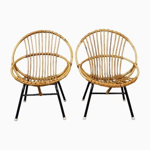 Dutch Rattan Longe Chairs with Pillows, 1960, Set of 2