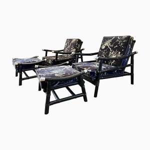Ebonised Bamboo and Rattan Armchairs with Foot Stools by Ficks Reed, 1954, Set of 4