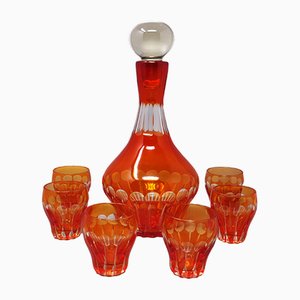 Italian Red Crystal Decanter with Crystal Glasses, 1960, Set of 7