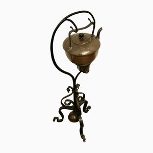 19th Century Copper Swinging Sprit Kettle on a Wrought Iron Stand, Set of 2