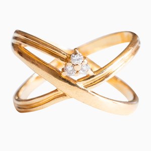 Vintage 18 Karat Yellow Gold Ring with Brilliant Cut Diamonds, 1970s-1980s