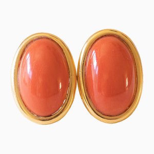 Aretes de clip vintage de oro amarillo de 18 kt con coral naranja, años 50-60. Juego de 2