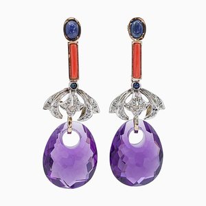 14 Karat Rose Gold and Silver Earrings with Amethysts, Coral, Sapphires and Diamonds, 1950s, Set of 2
