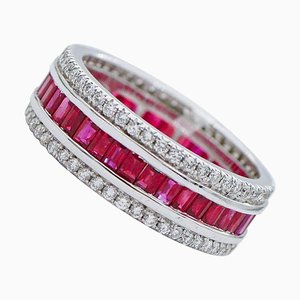 18 Karat White Gold Band Ring with Rubies and Diamonds, 1980s